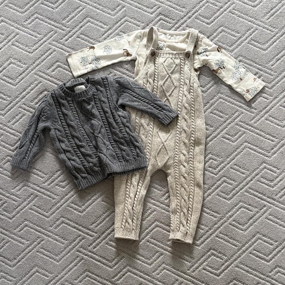 Little planet Baby Knit Cable Overalls & Sweater Set - Cream & Gray - 12M